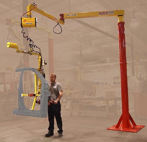 AJ60 Articulated Jib Crane equipped with air balancer and end effector for auto side bodies manufactured by Givens Engineering Inc. in Canada.